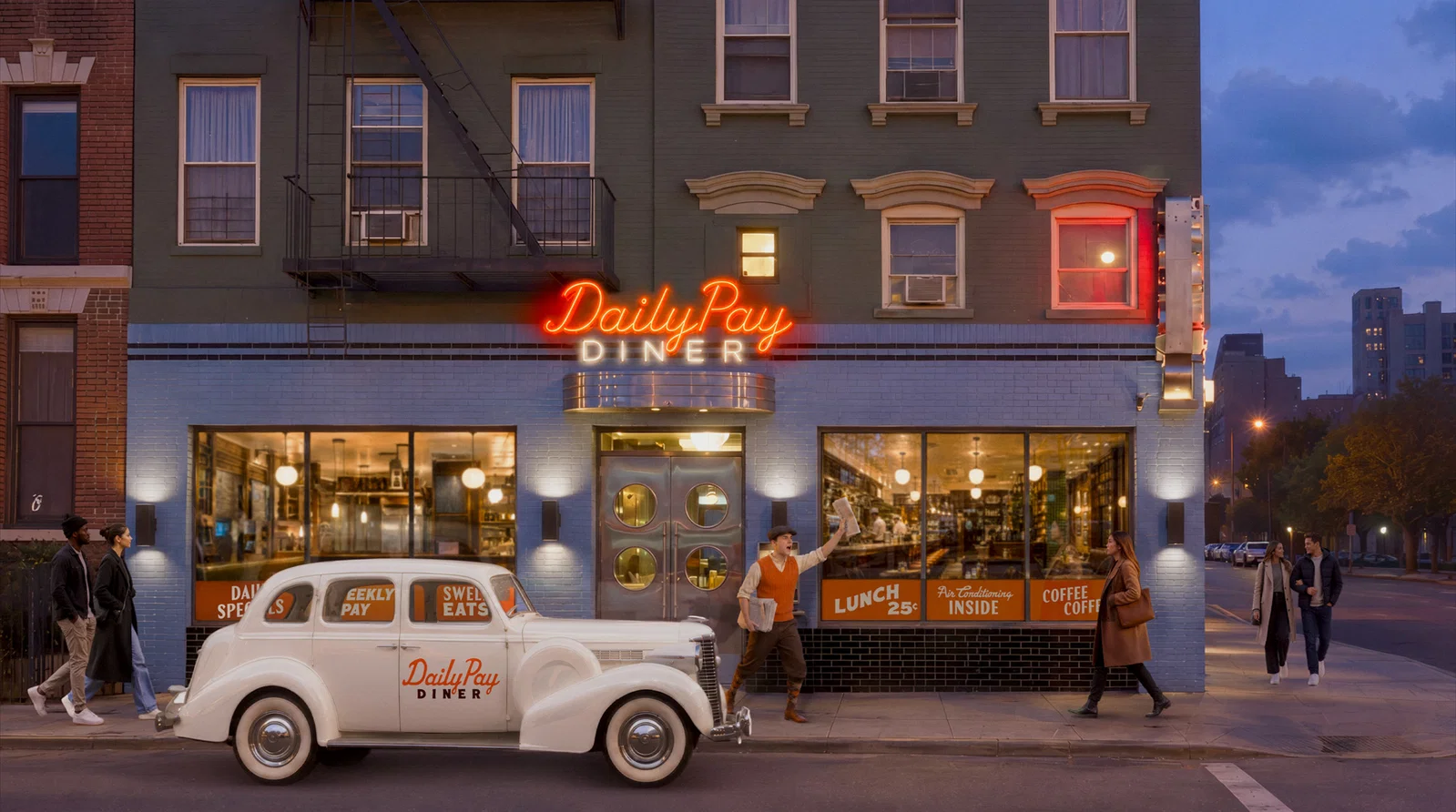 DailyPay Diner storefront with a vintage car outside the New York pop-up
