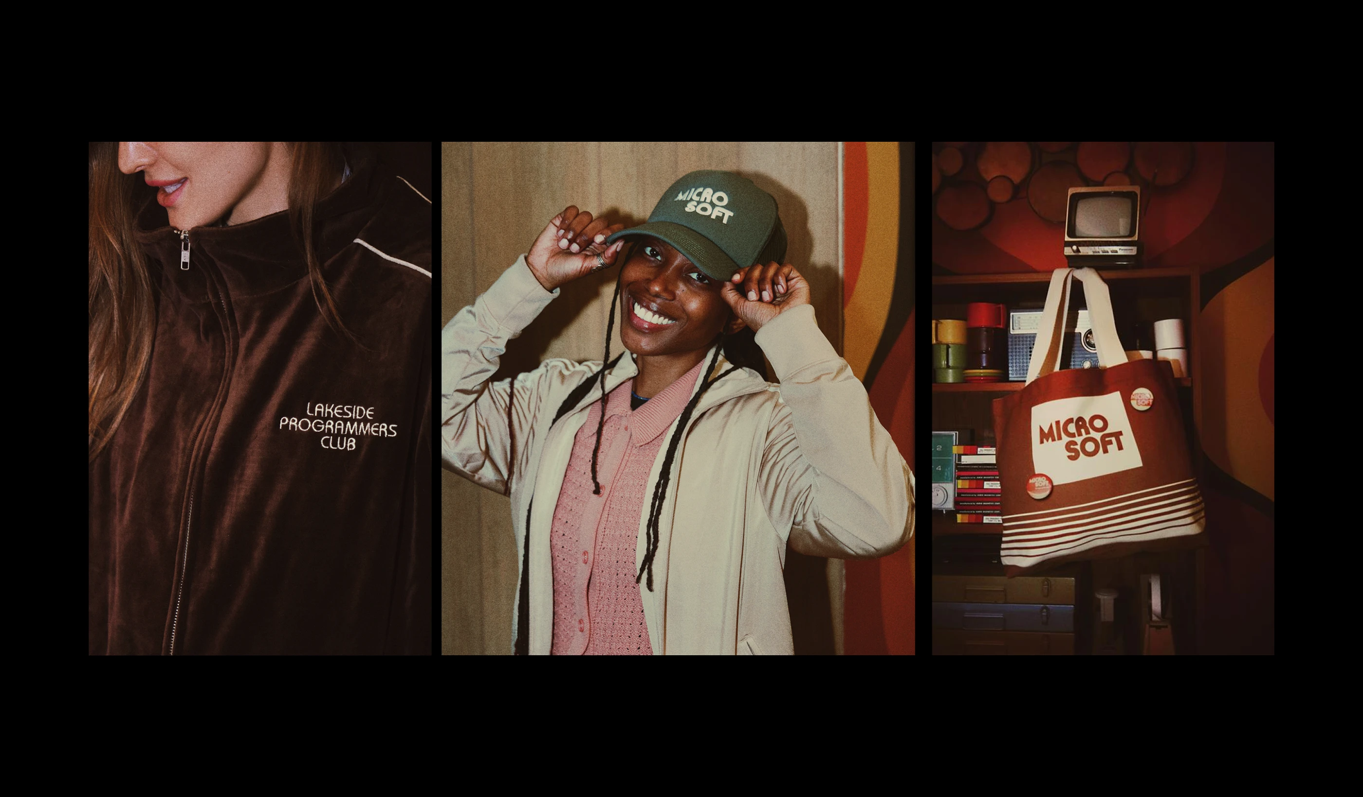 Original campaign photographs of the Lakeside Programmers Club track jacket, green MICRO SOFT cap, and brown striped tote