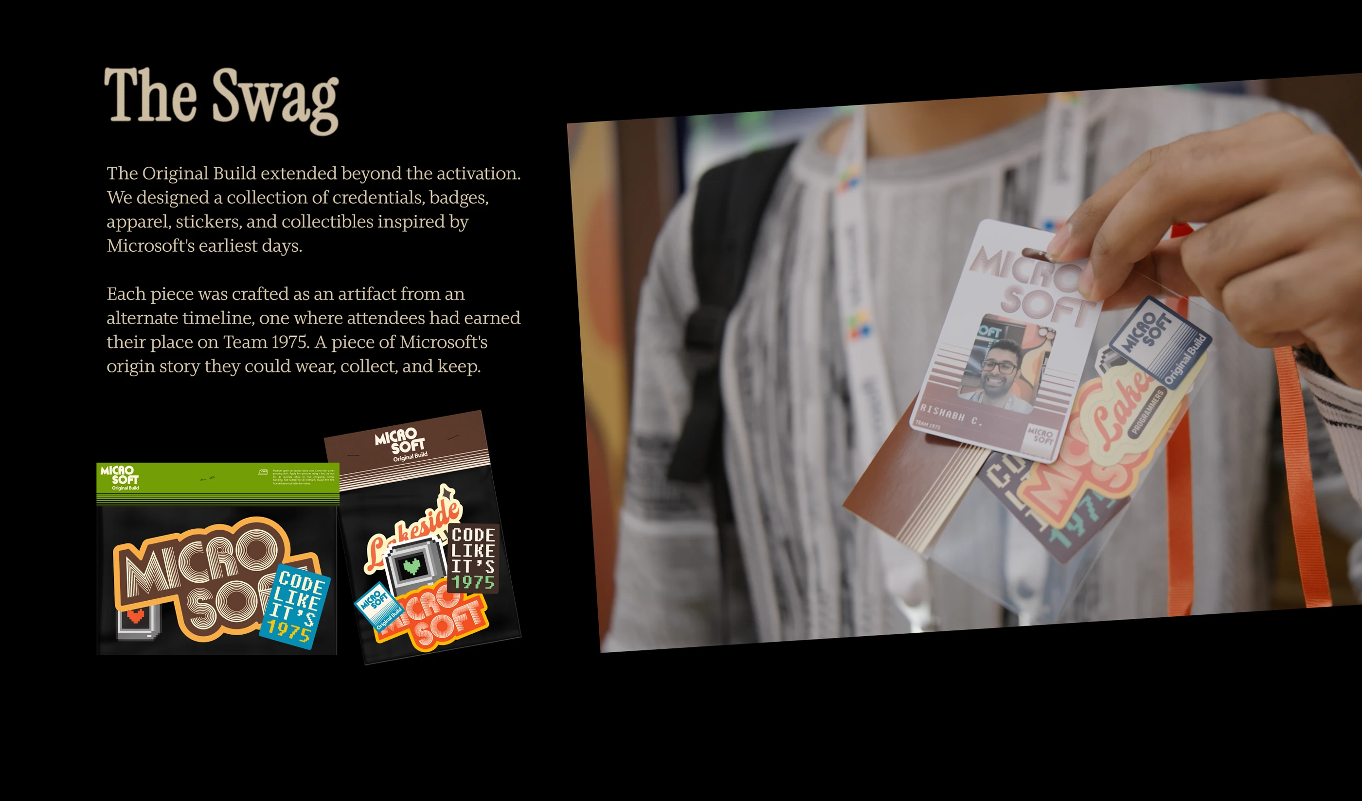 Campaign team’s presentation of the Original Build patch and sticker packs, alongside an attendee holding the merchandise