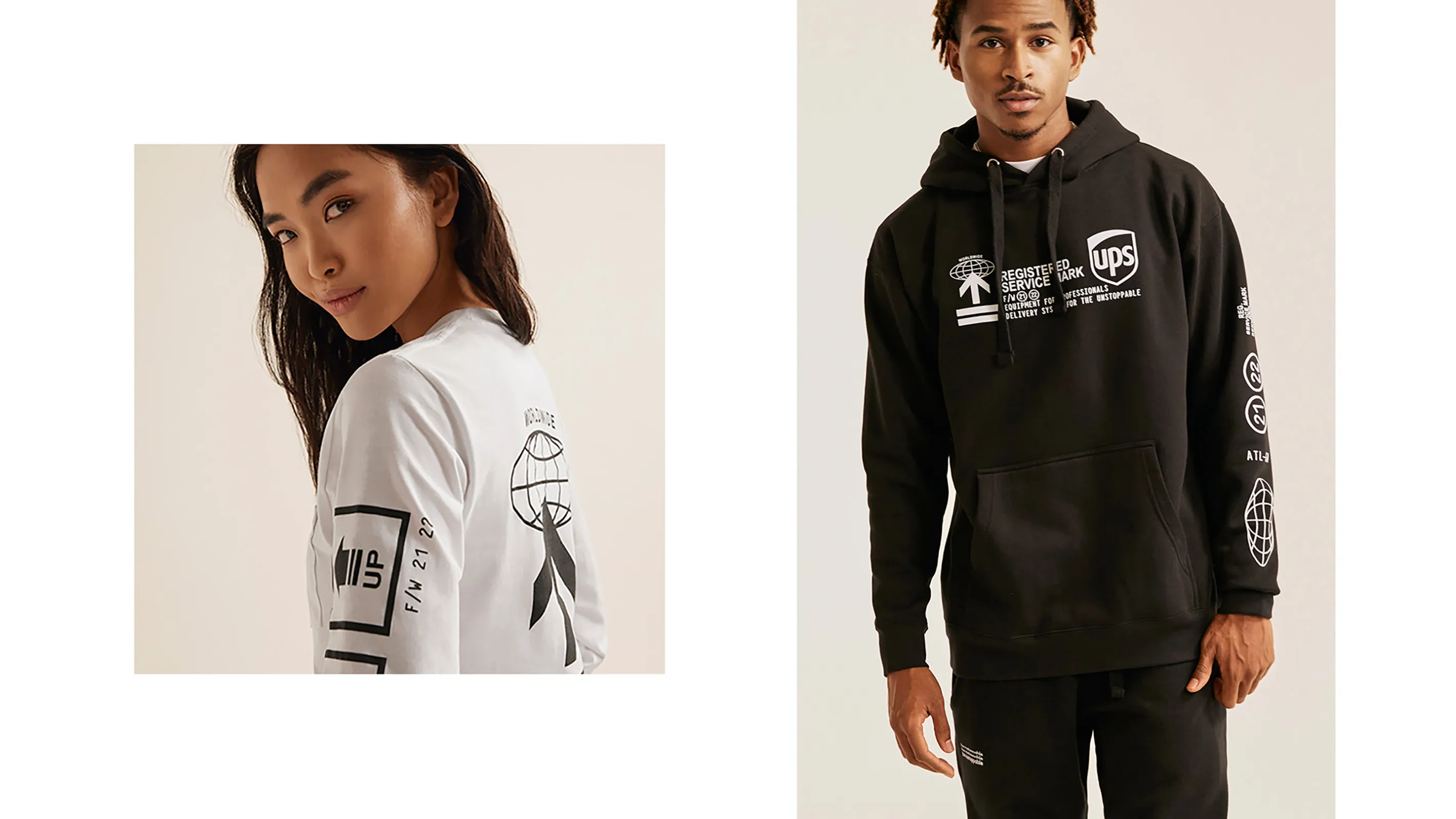 UPS campaign images showing the white long-sleeve back graphic and a black hoodie