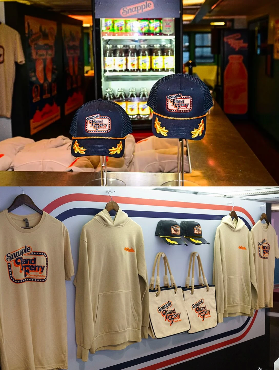Official event photographs showing navy caps and the complete merchandise display