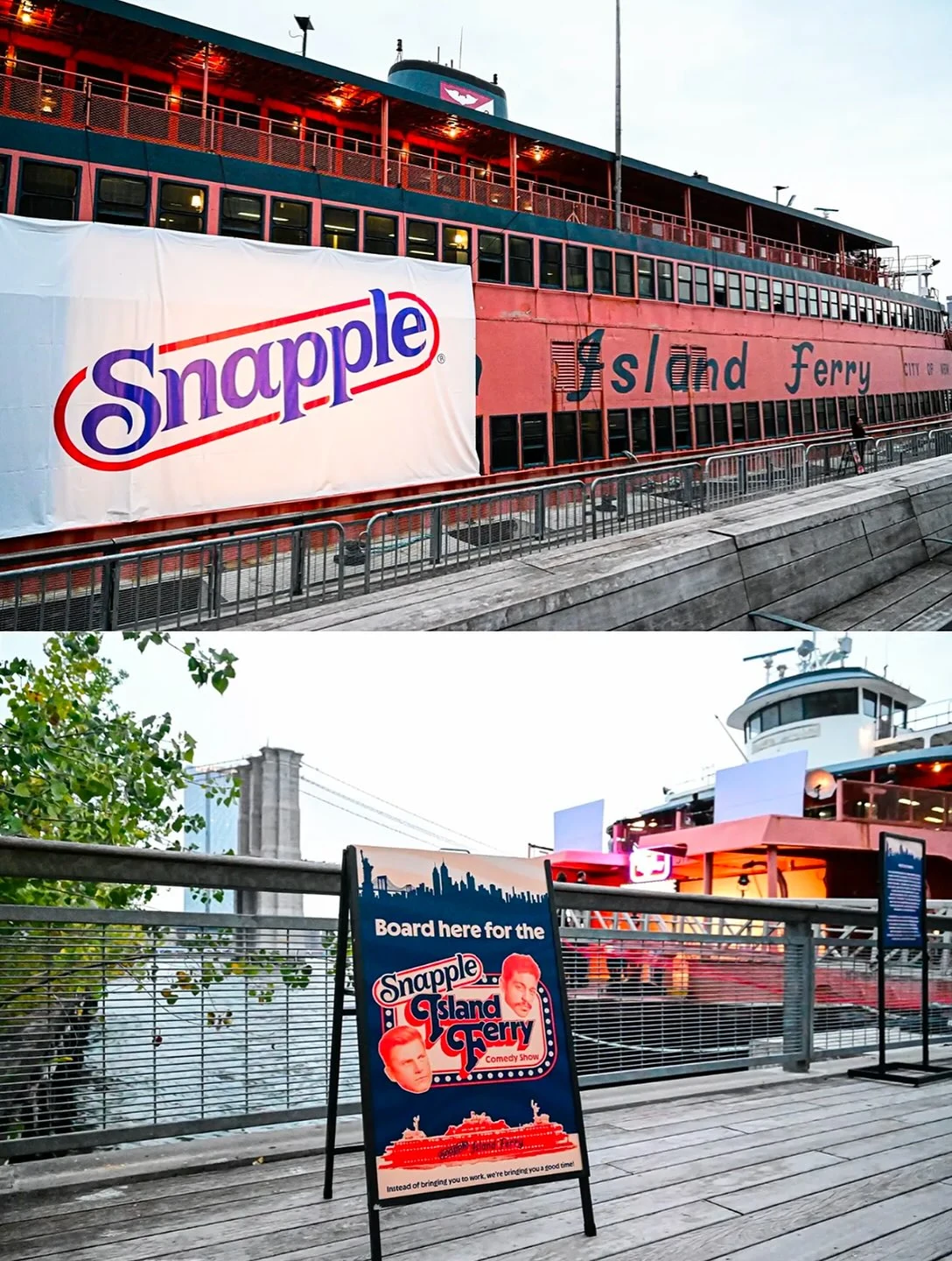 The Snapple-branded ferry and boarding area on the New York waterfront