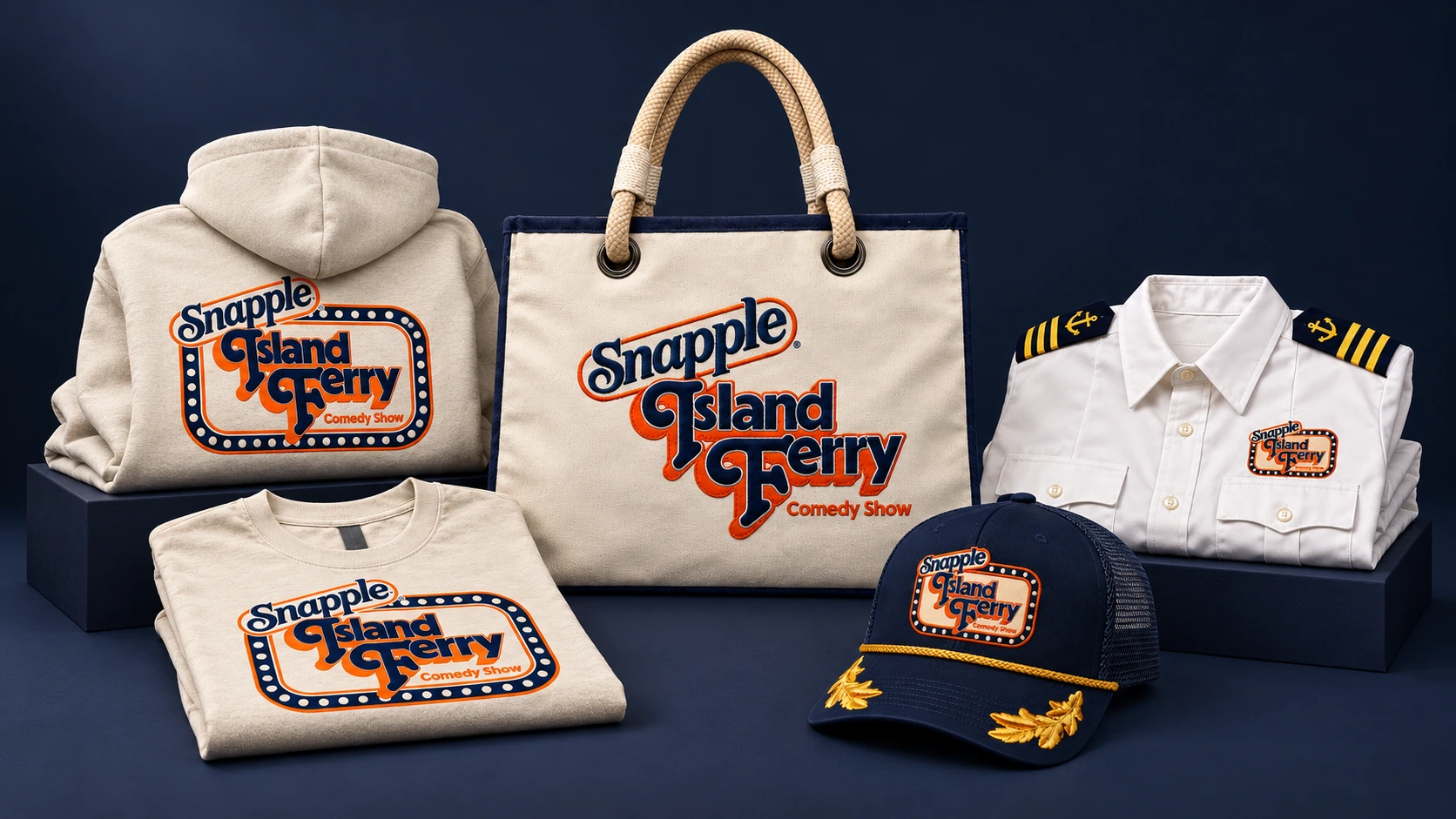 Snapple Island Ferry collection: dimensional appliqué tote, hoodie, tee, navy cap and captain shirt
