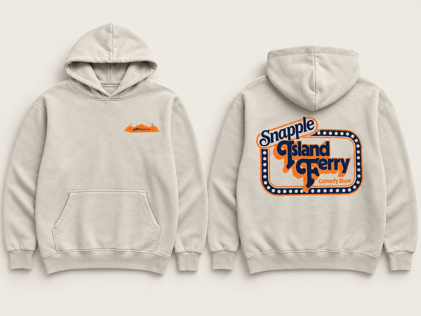 Front and back studio views of the Snapple Island Ferry hoodie