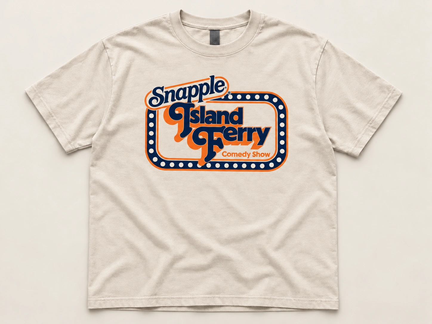 Studio photograph of the light Snapple Island Ferry printed tee