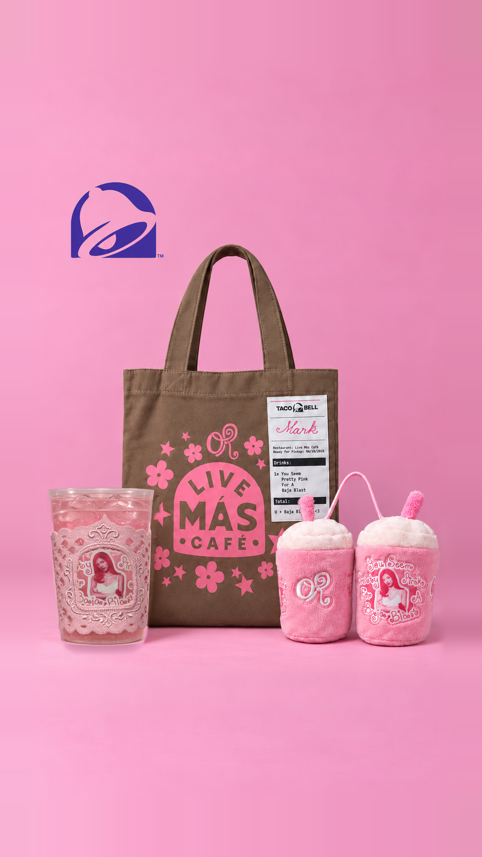 Taco Bell Pretty Pink tote, plush cup pair, and felt koozie