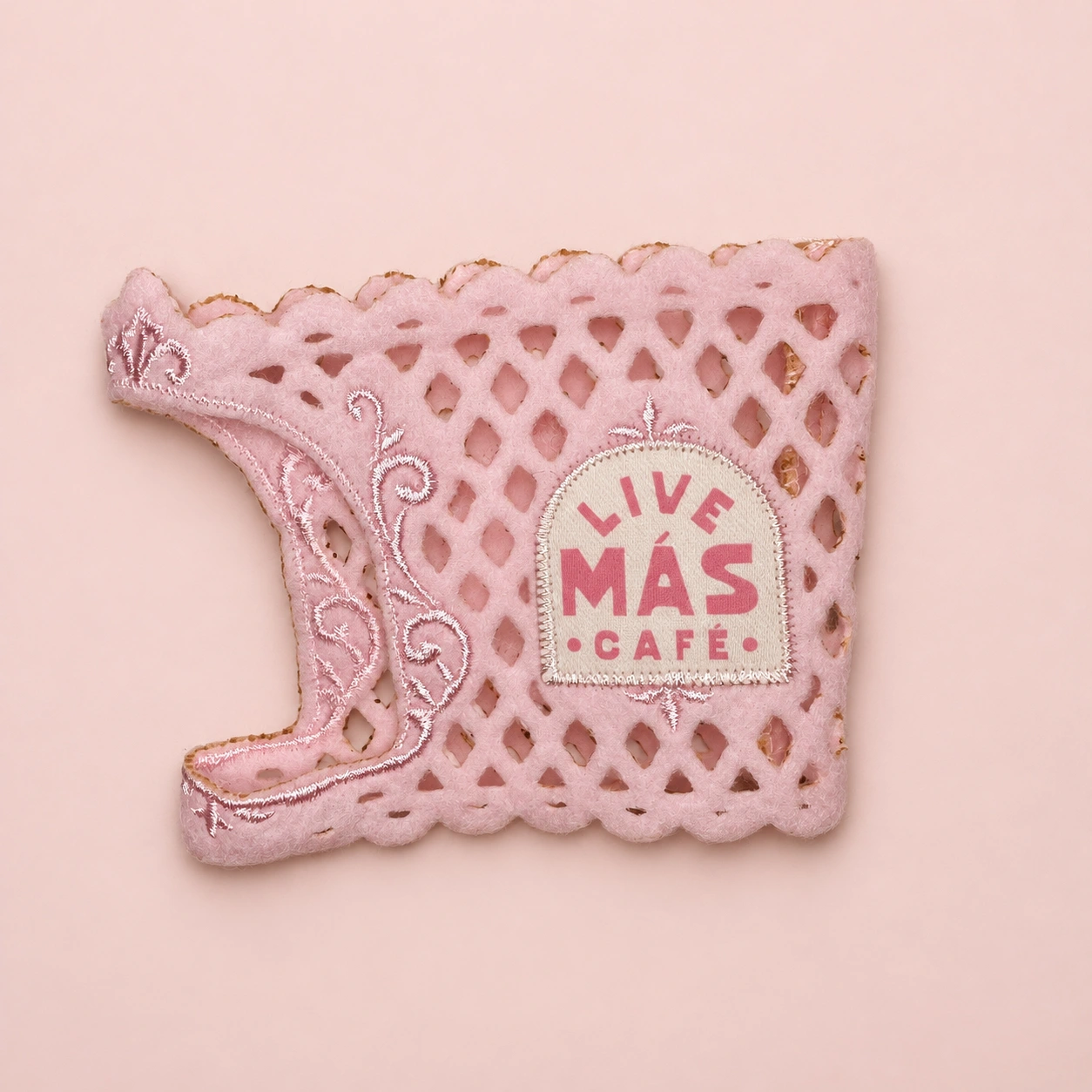 Felt cup koozie with an arched Live Más Café appliqué