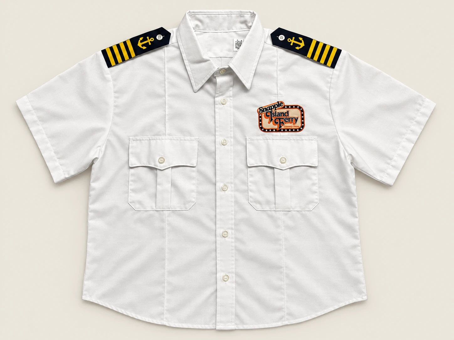 Studio photograph of the white captain shirt with event chest patch and navy and gold epaulettes