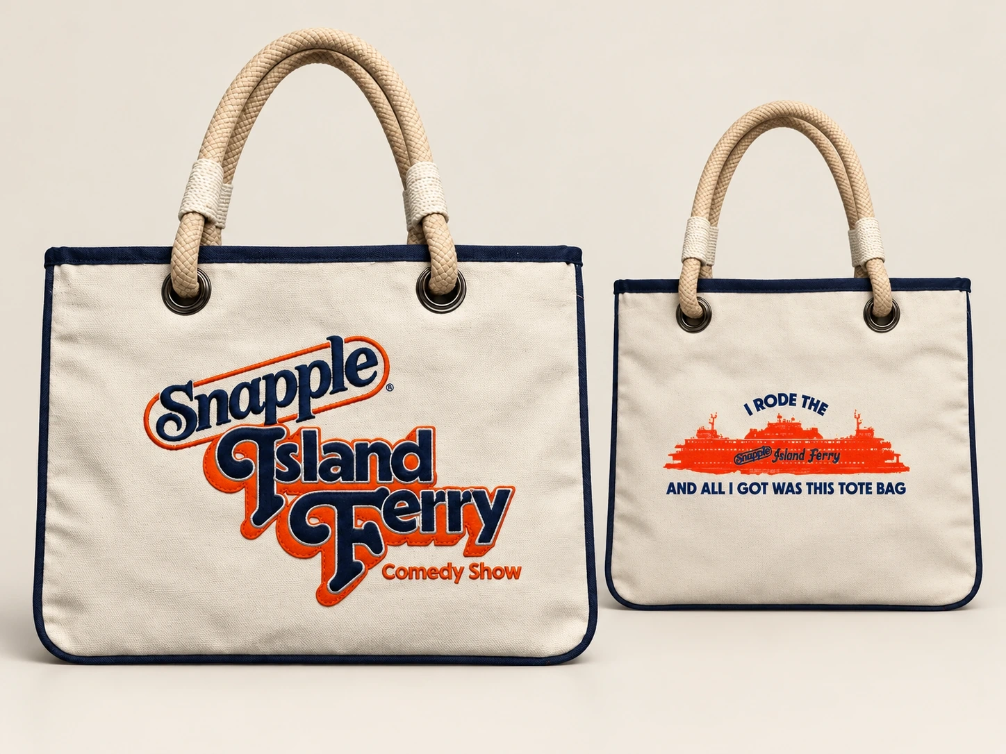 Studio view of the Snapple appliqué tote front and printed reverse
