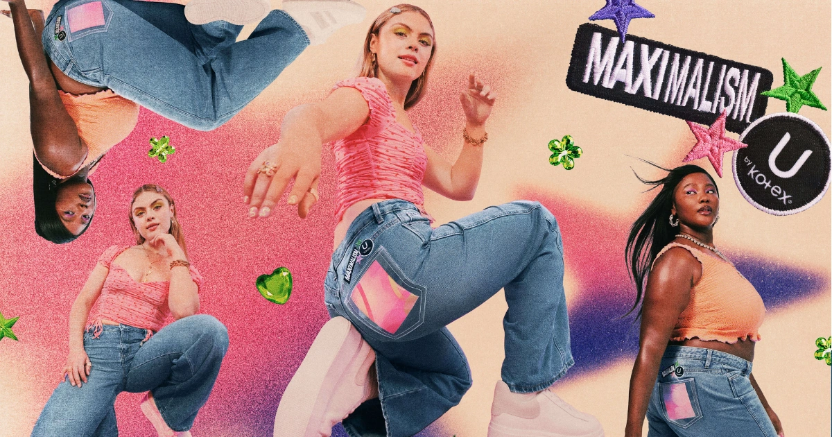 U by Kotex MaxiMalism campaign collage featuring models in the jeans and embroidered campaign branding
