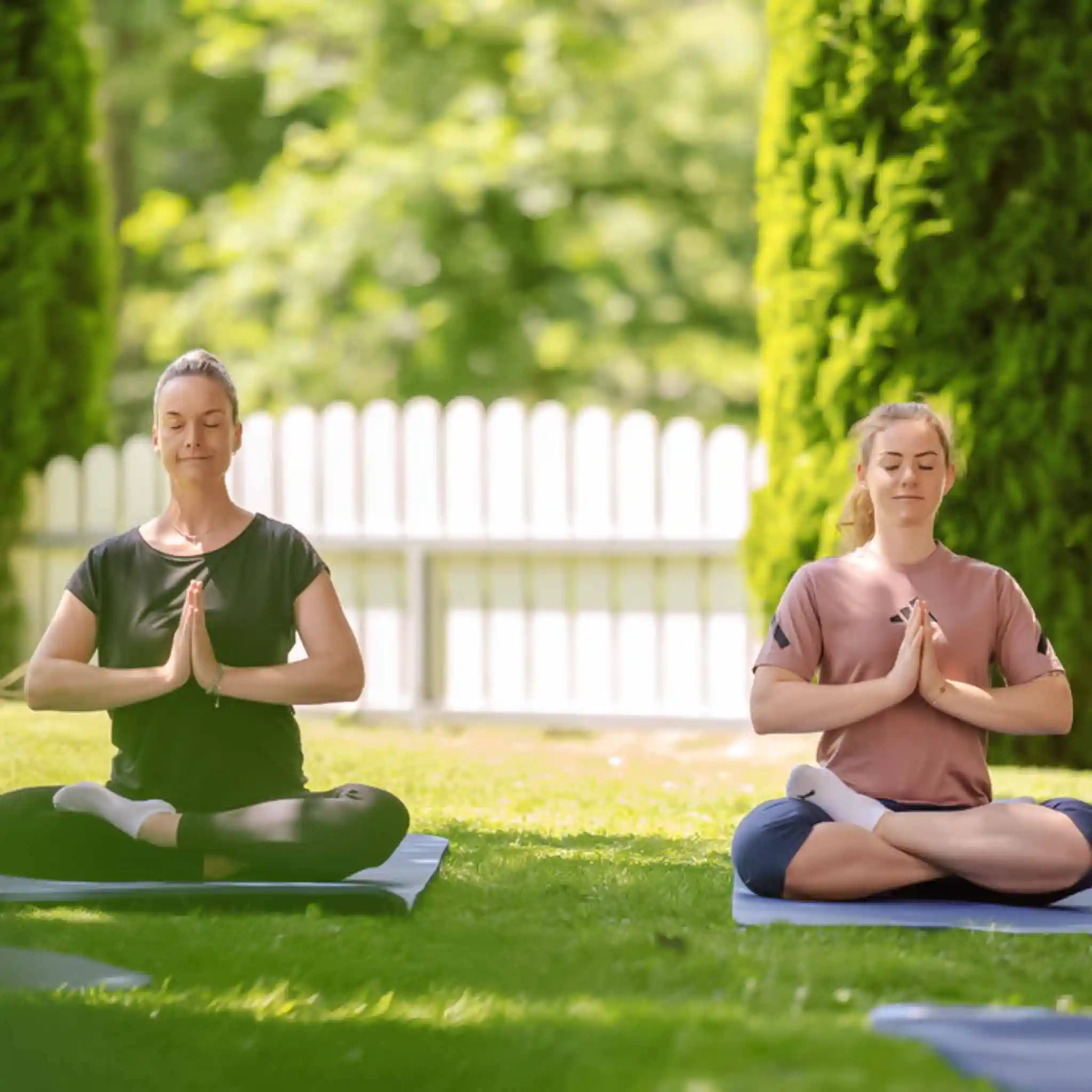 Zwei Patientinnen meditieren im Garten. 