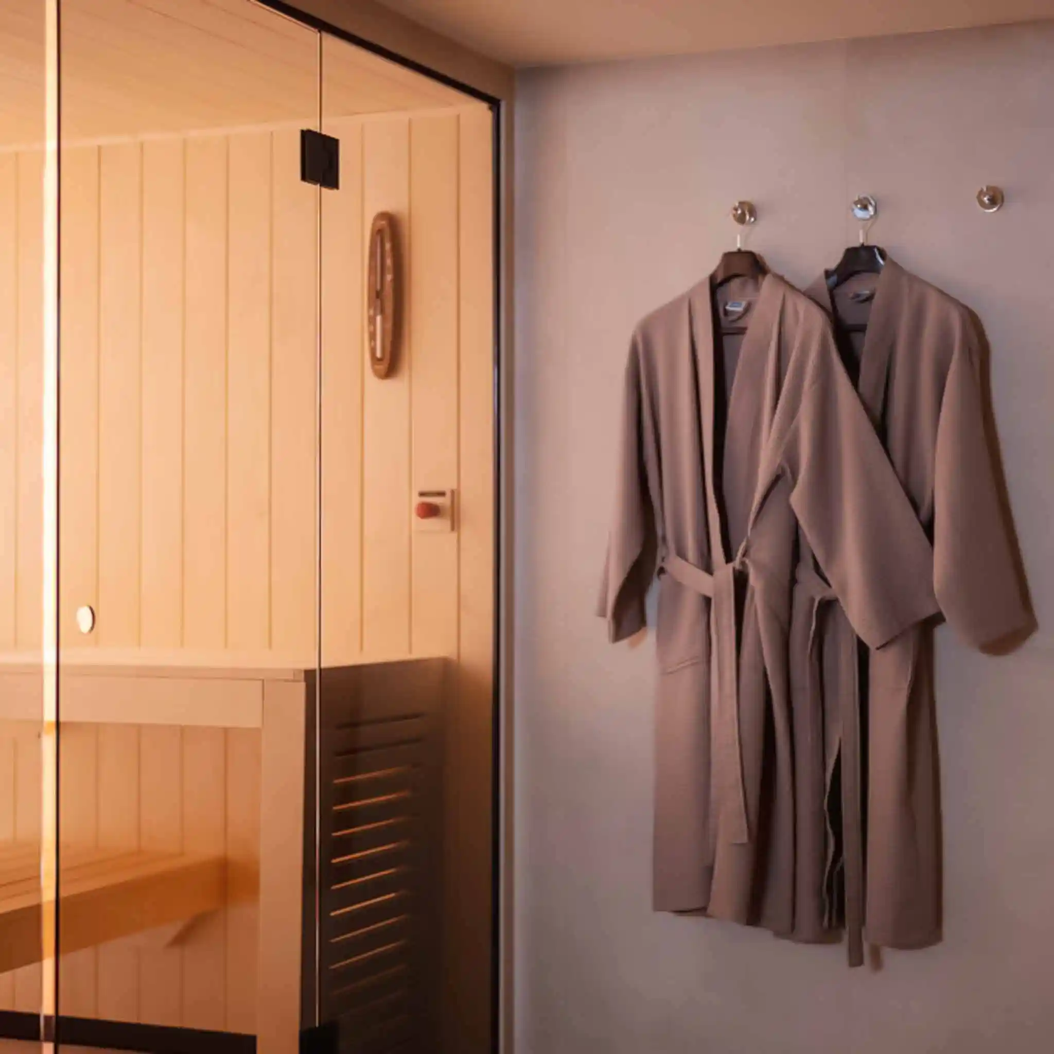Zwei Bademäntel hängen neben der Sauna