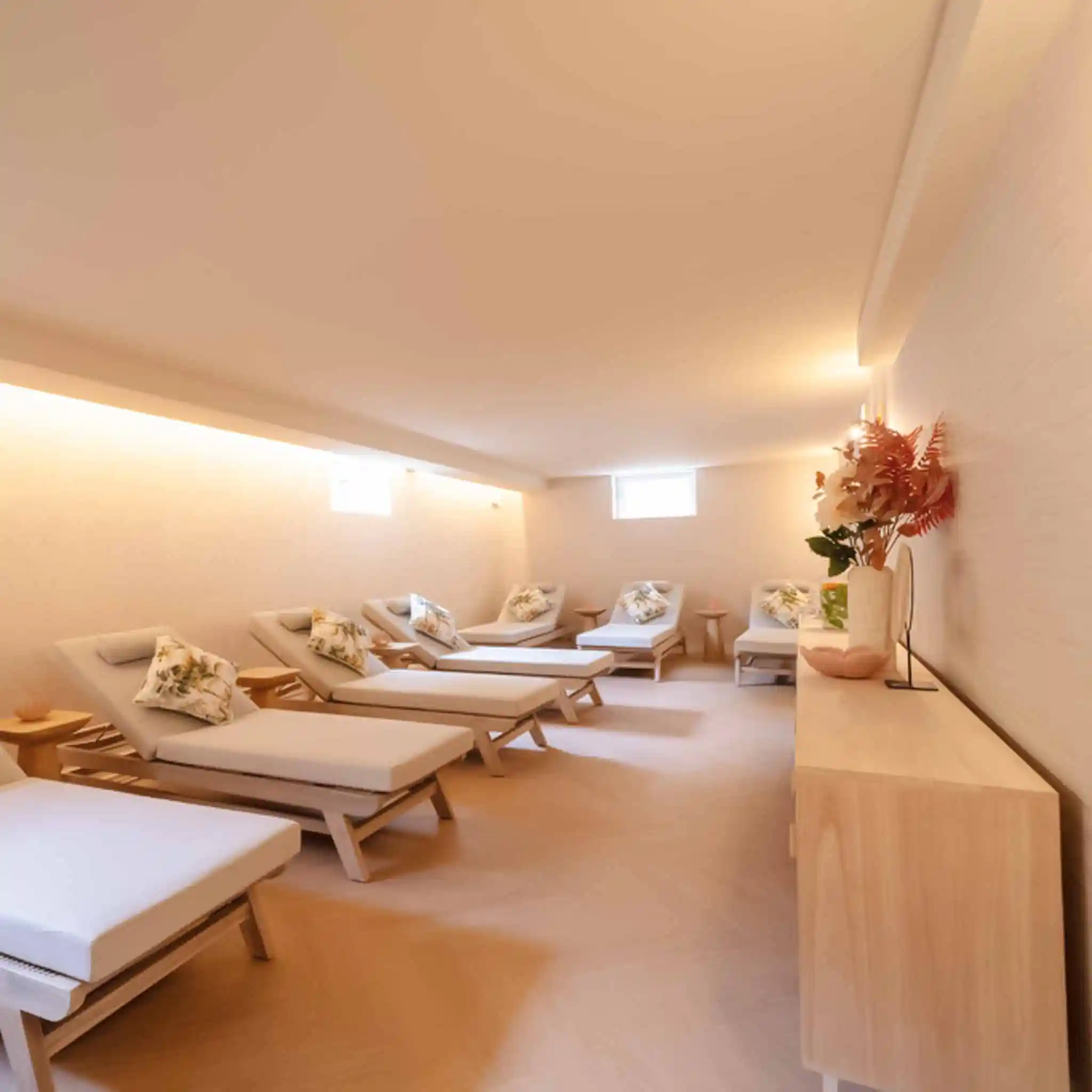 Ein Spabereich mit einigen Liegen zum Entspannen