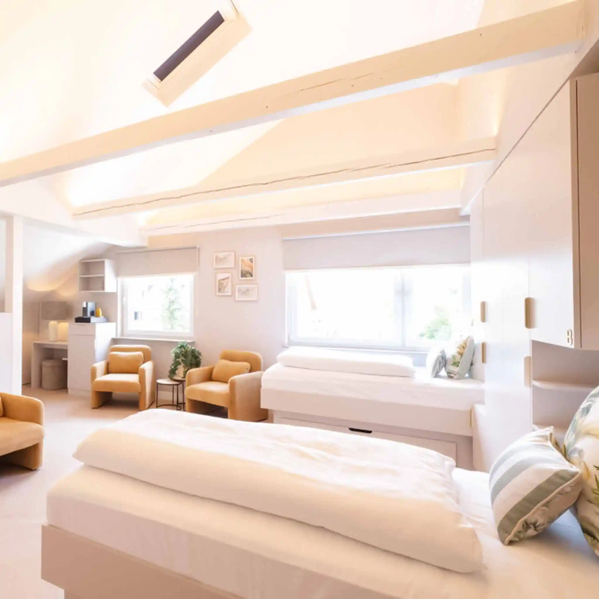 Ein Patientenzimmer mit zwei Betten und zwei gelben Sesseln