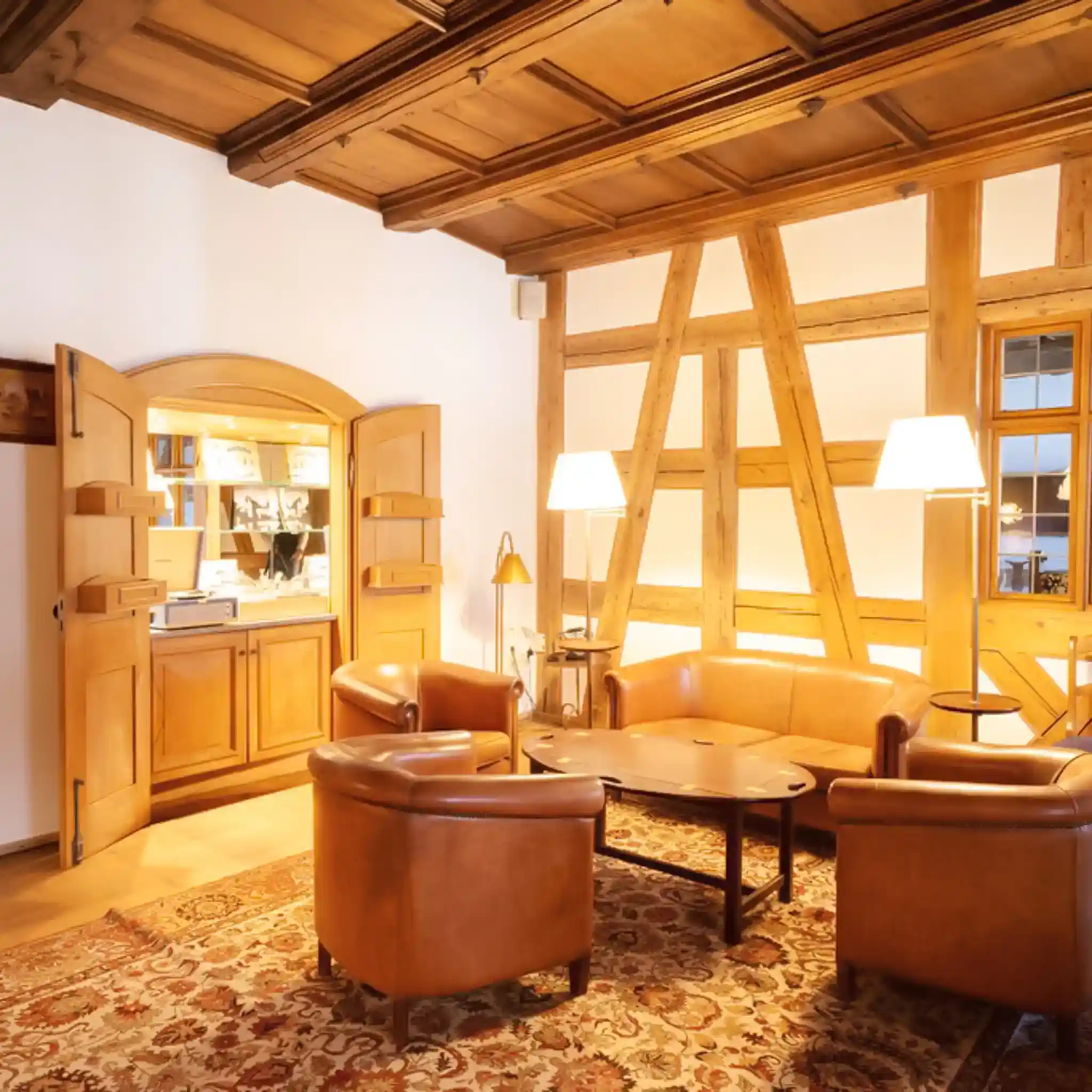 Ein Aufenthaltsraum, in dem zwei Ledersessel und ein Ledersofa um einen Tisch herum stehen.