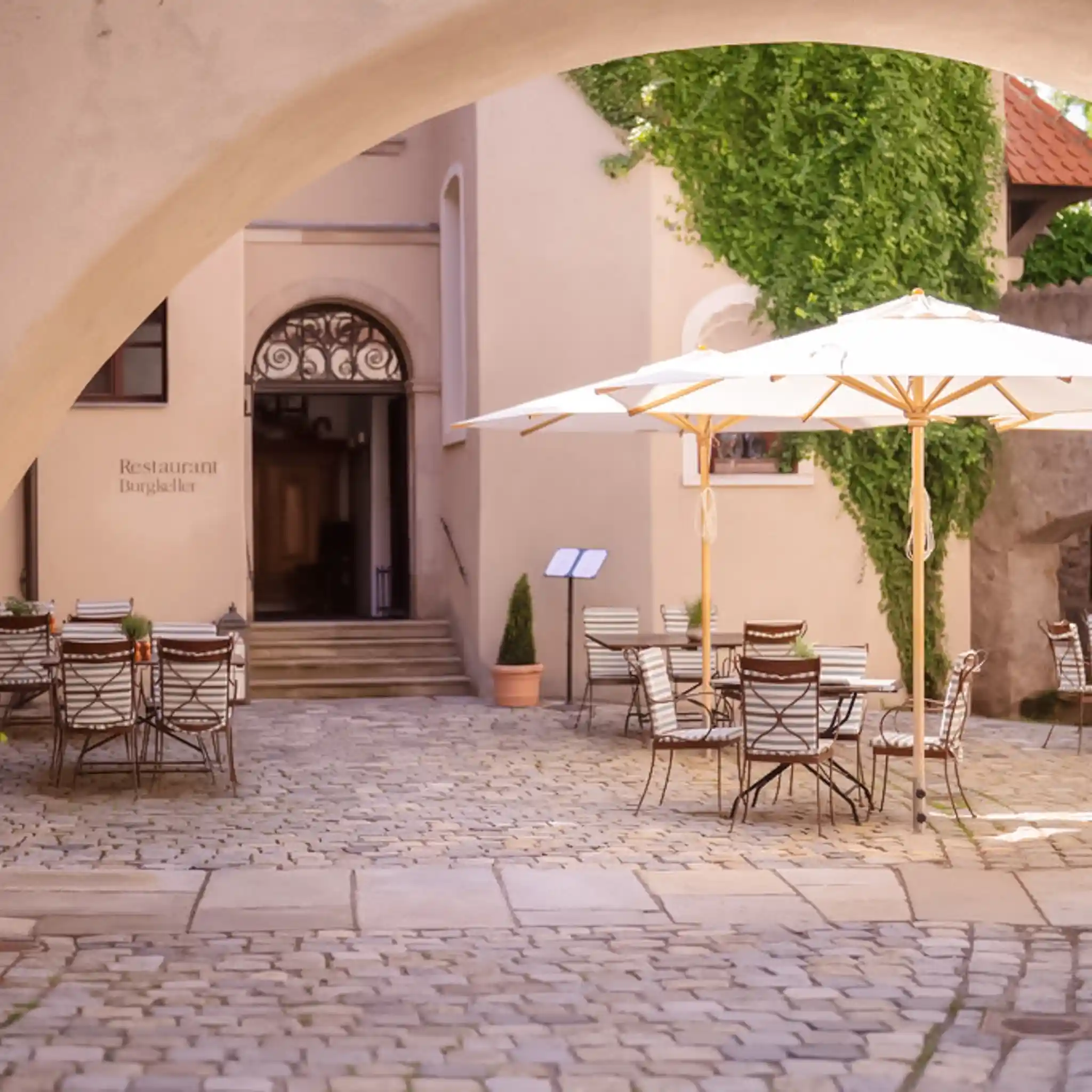 Innenhof einer Burg mit Tischen, Stühlen und Sonnenschirmen