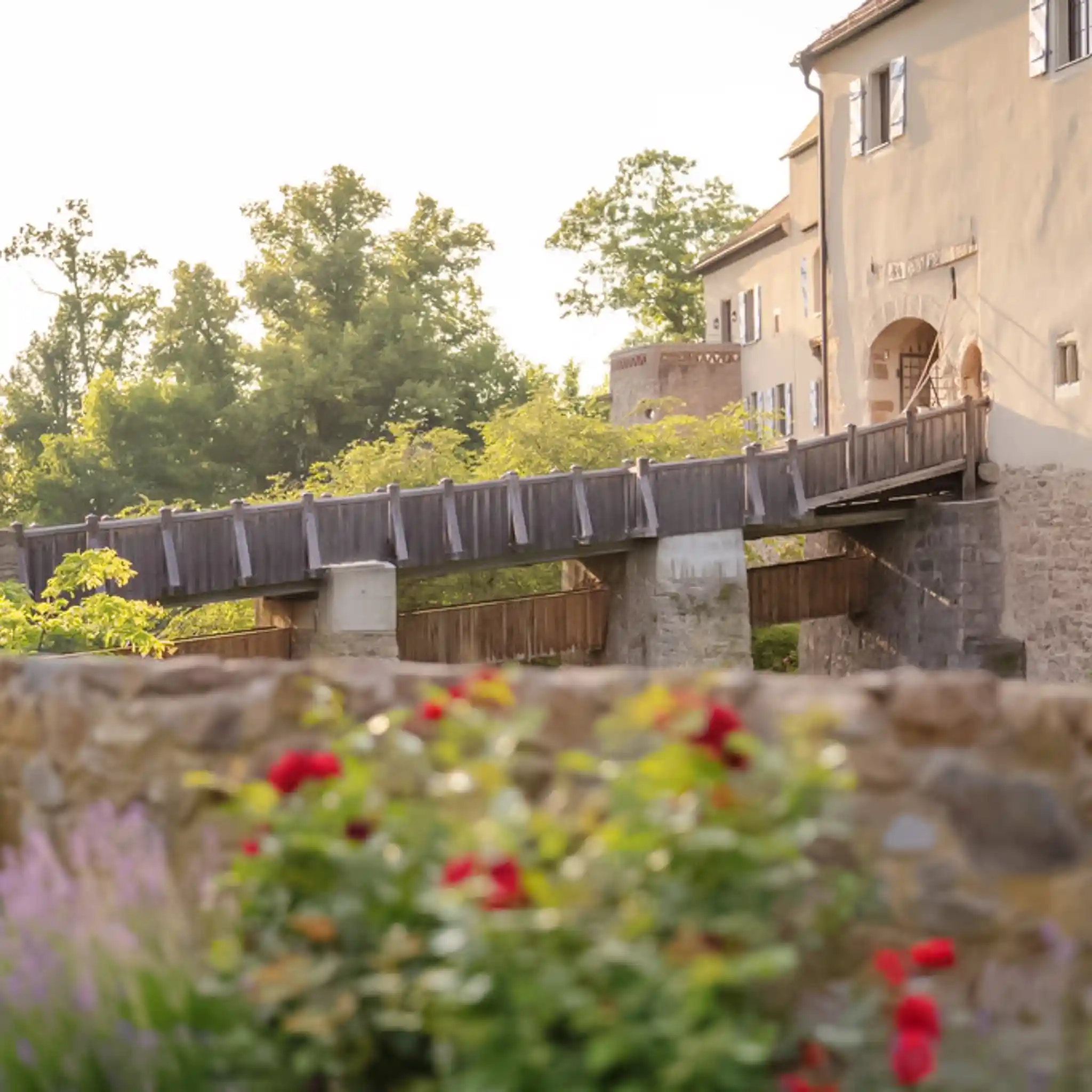 Blick auf das Burgtorund die Brücke  von Burg Wernberg
