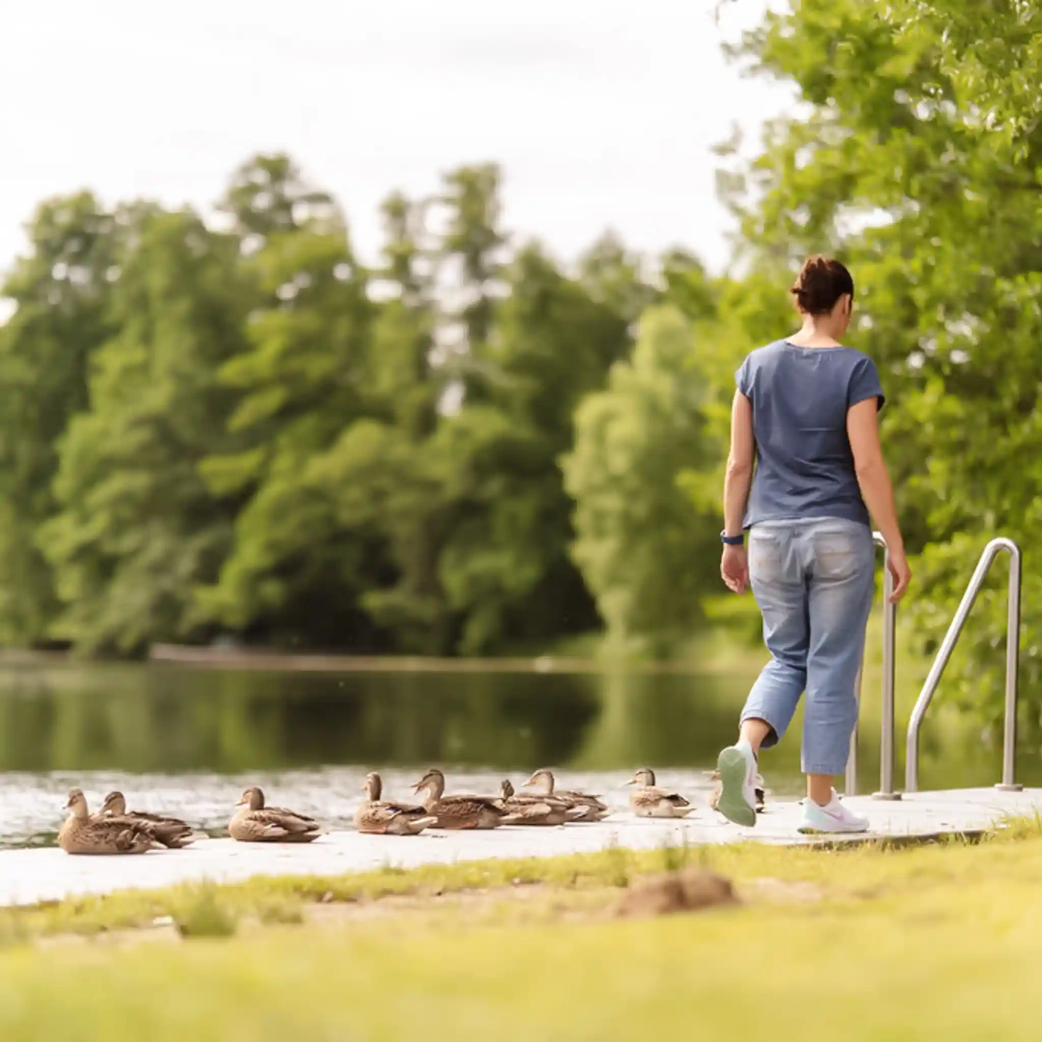 Eine Frau geht an einem Steg am See entlang, auf dem mehrere Enten sitzen, umgeben von grünen Bäumen.