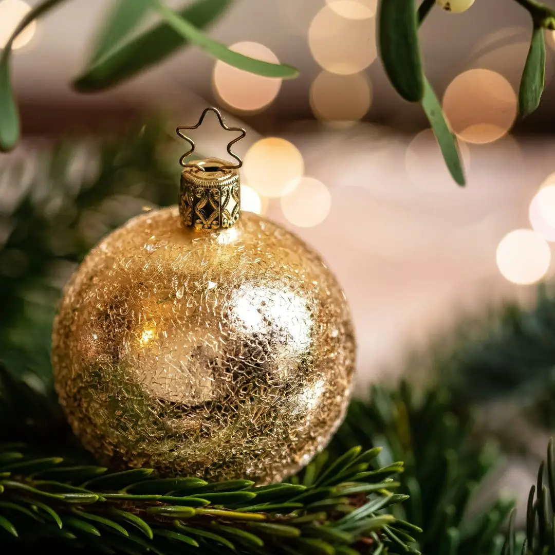 Eine goldene Christbaumkugel liegt auf einem Tannenzweig.