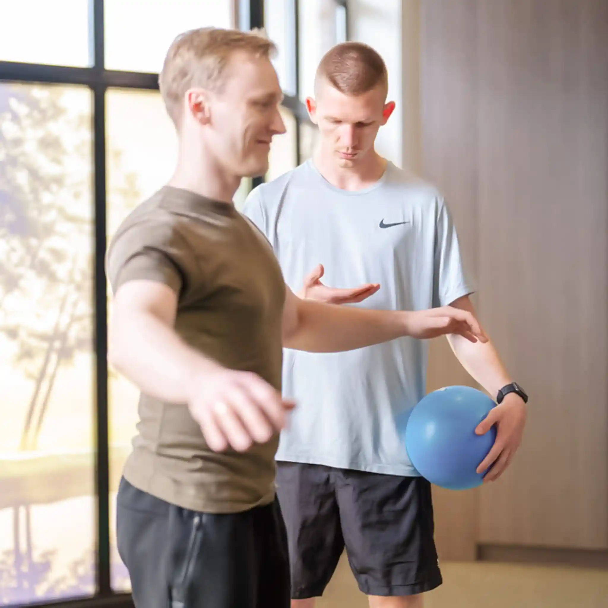 Ein Patient bei der Sporttherapie mit seinem Sporttherapeuten