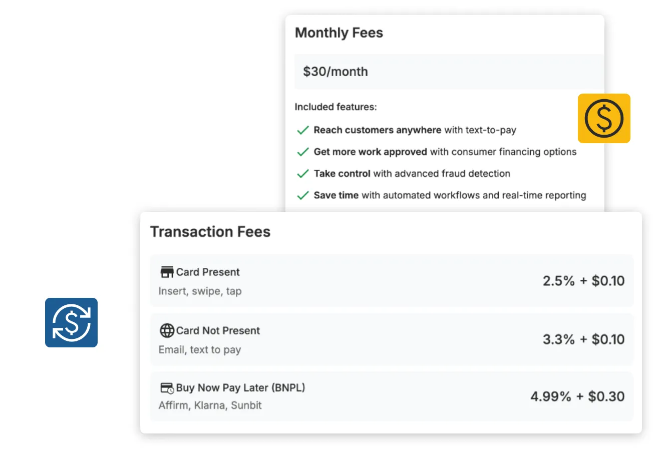 Image showing the transaction fees with various processors within Tekmetric.