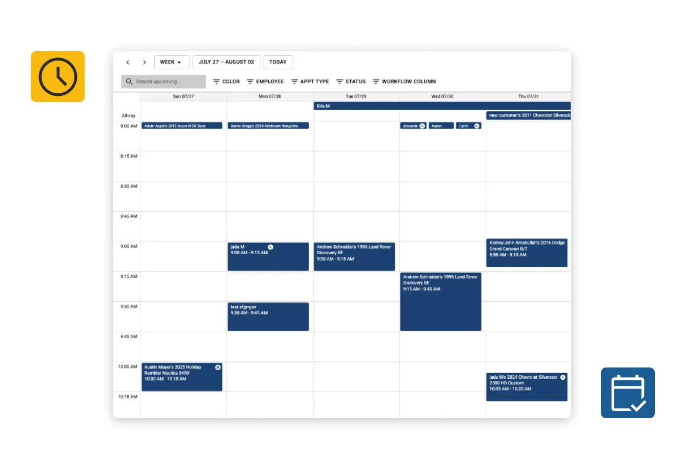 Auto repair shop calendar with multiple service appointments shown.