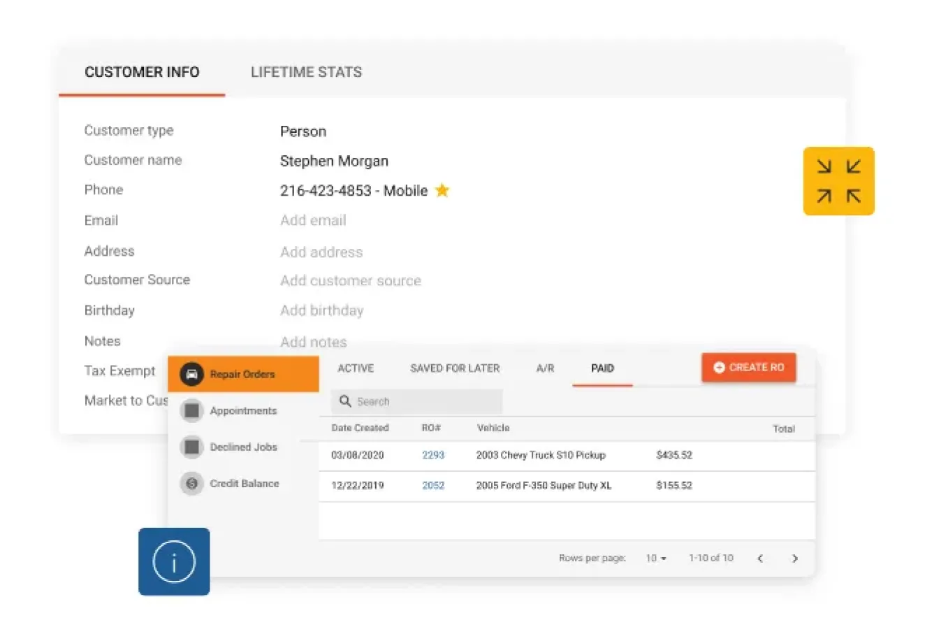 Customer contact information displayed within Tekmetric.