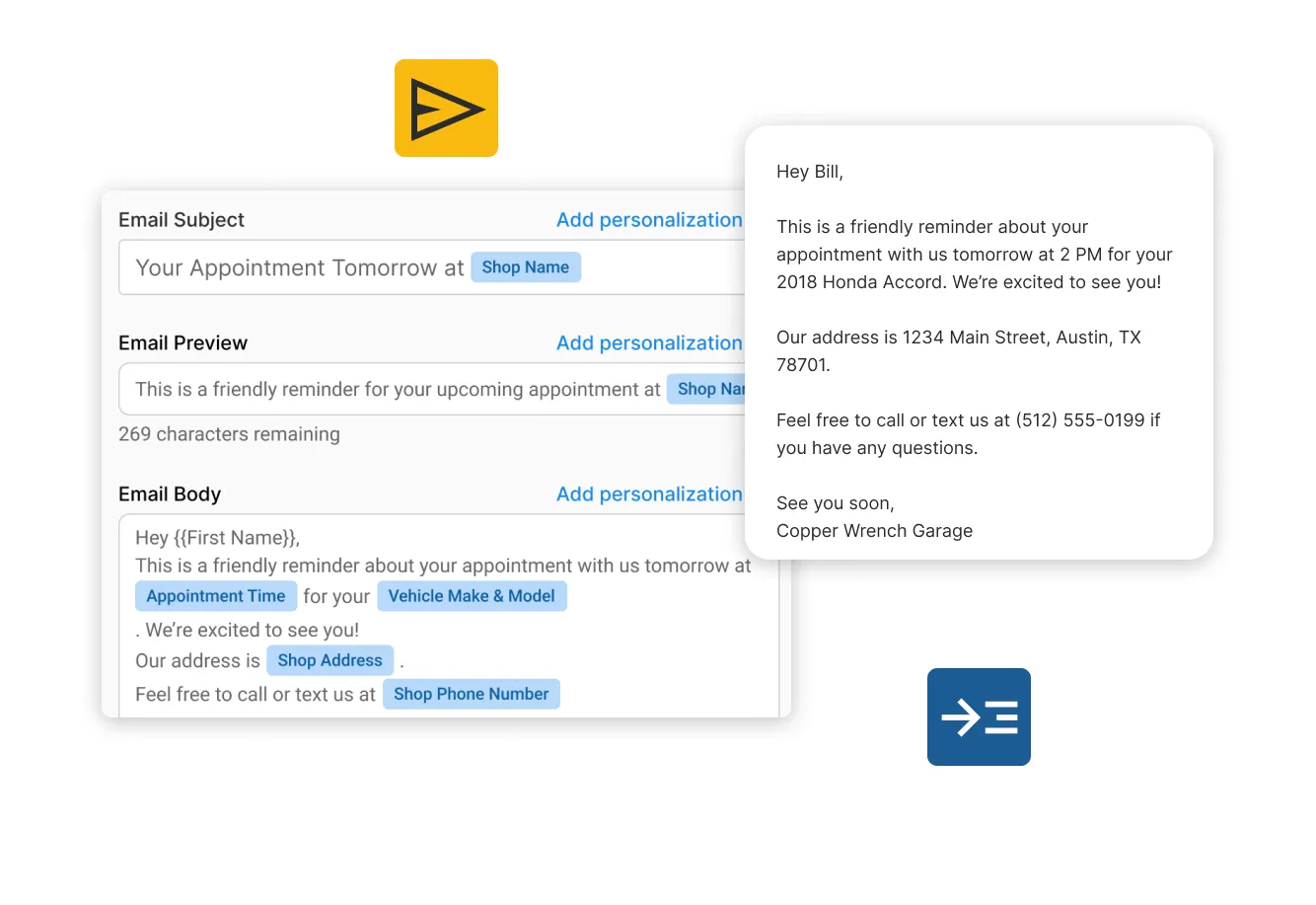 Service appointment confirmations within Tekmetric.