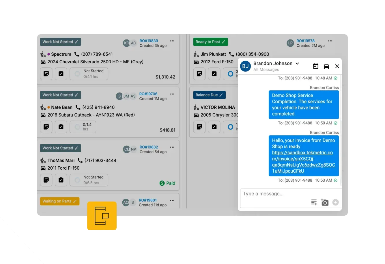 Texting an auto repair shop customer through Tekmetric.