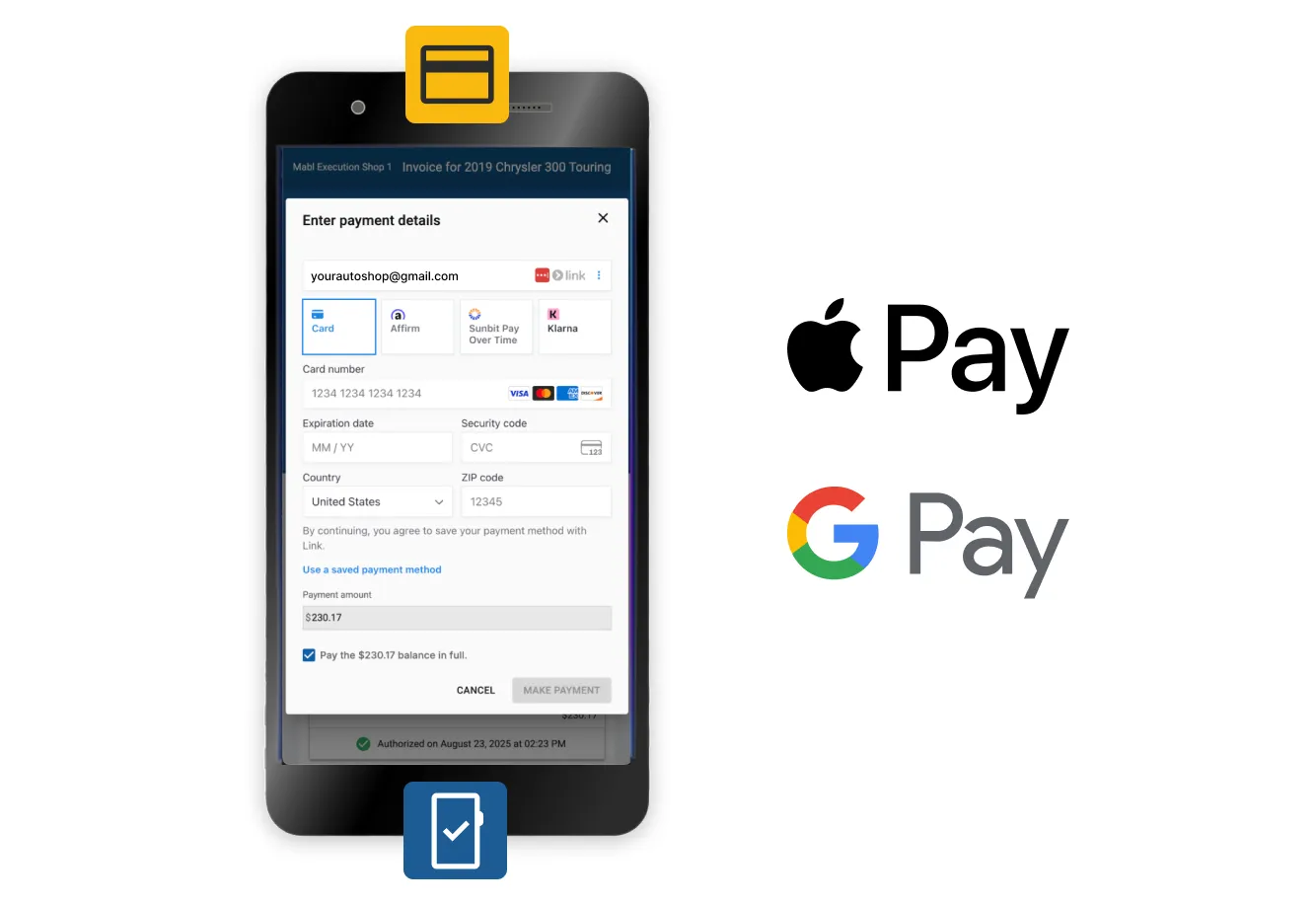 A mobile phone illustrating the checkout process with Tekmetric Payments.