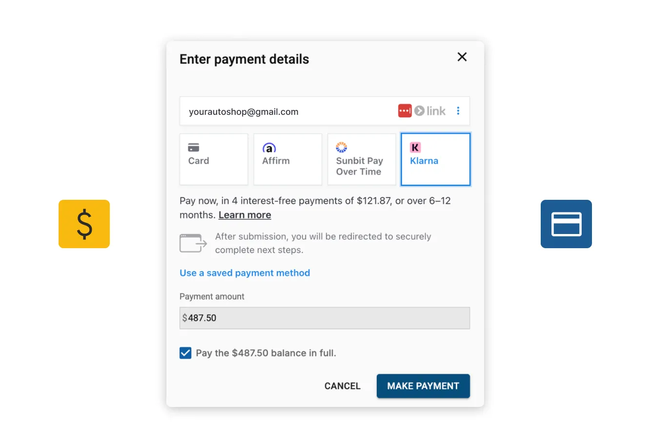 Product image showing the customer payment options within Tekmetric.