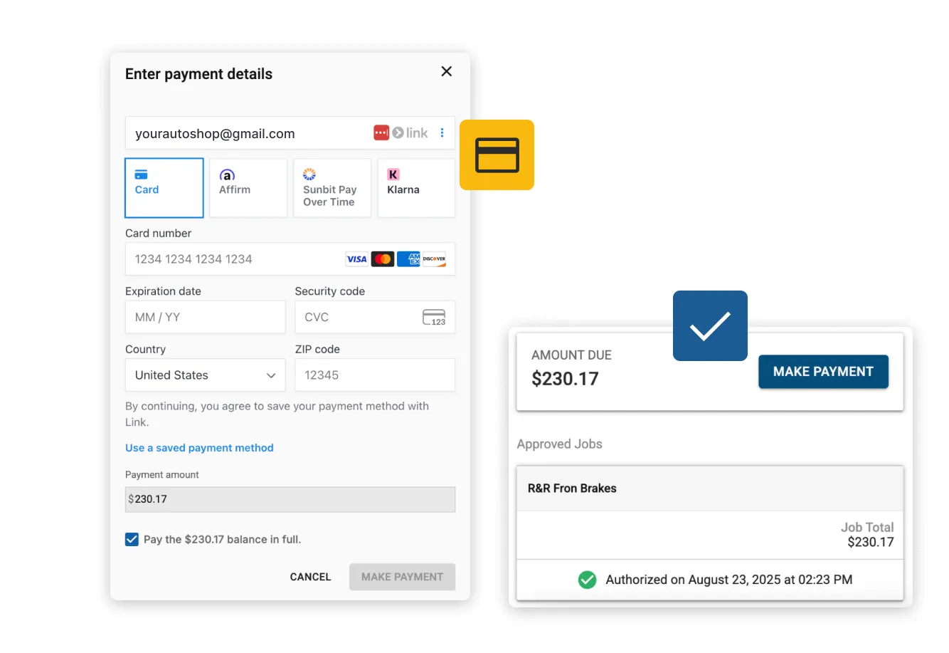 Customer payment screens within Tekmetric.