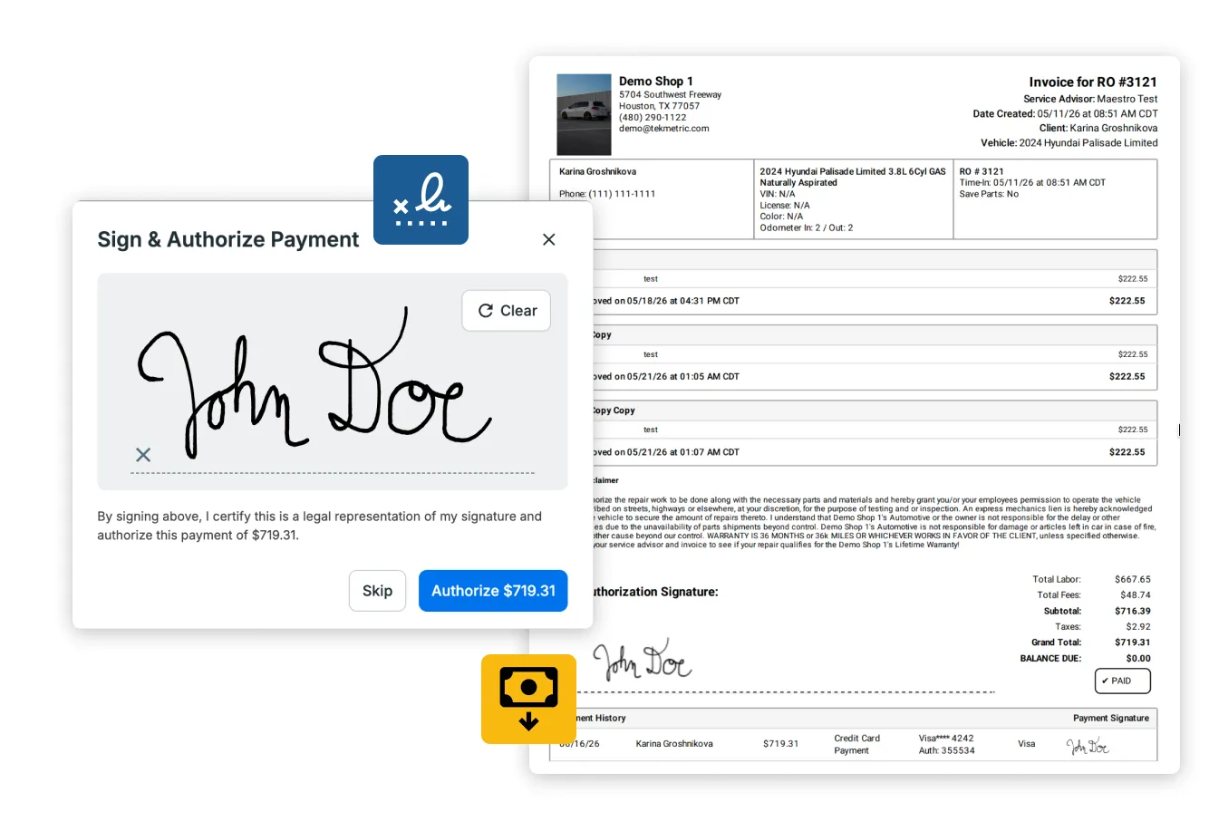 Customer signature on a Tekmetric invoice.