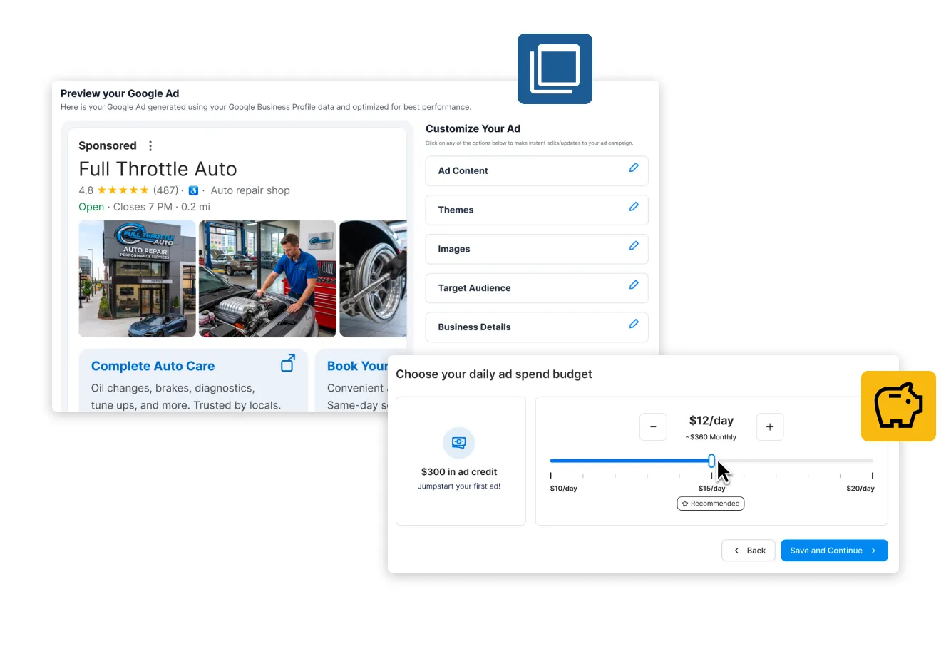 Google PPC ad creation process inside Tekmetric.