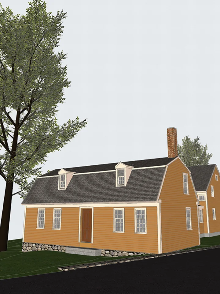 Rendering of a traditional-style home with red siding and dormer windows, representing design planning.