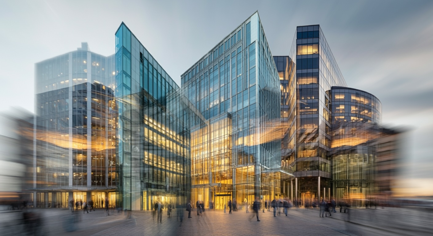 Modern office buildings with employees entering, representing workplace analytics and office utilization insights Kora provides to businesses. 