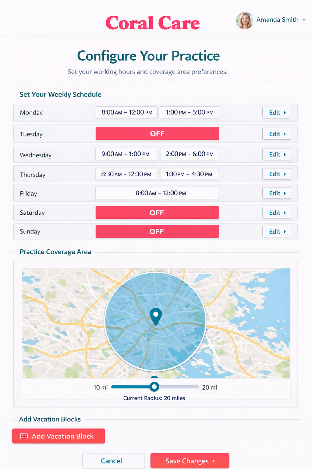 Coral Care app - Configure Your Practice screen showing schedule, coverage area map, and availability settings