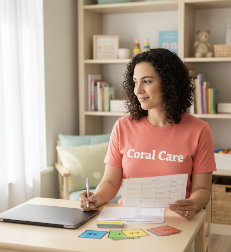 Pediatric speech-language pathologist reviewing paperwork at a desk, reflecting the administrative workload common for SLPs.