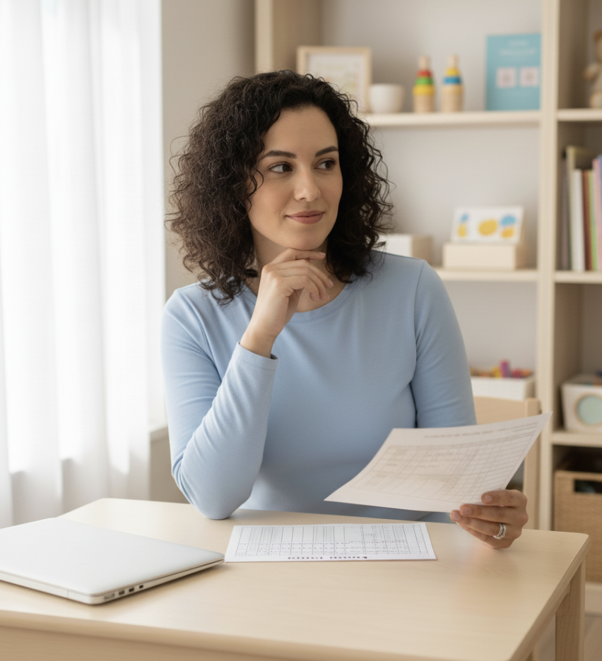 Speech-language pathologist reviewing therapy materials at a tidy workspace with a confident, reflective expression.