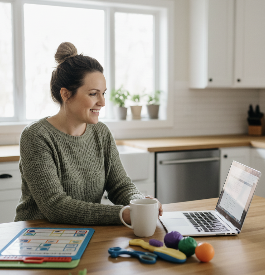 Pediatric occupational therapist reviewing organized therapy materials in a bright, tidy home workspace with a confident, reflective expression.