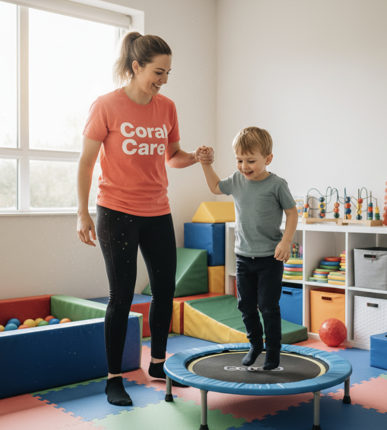 a female Coral Care occupational therapist. She's in a playroom with a boy and he's jumping on a small trampoline.