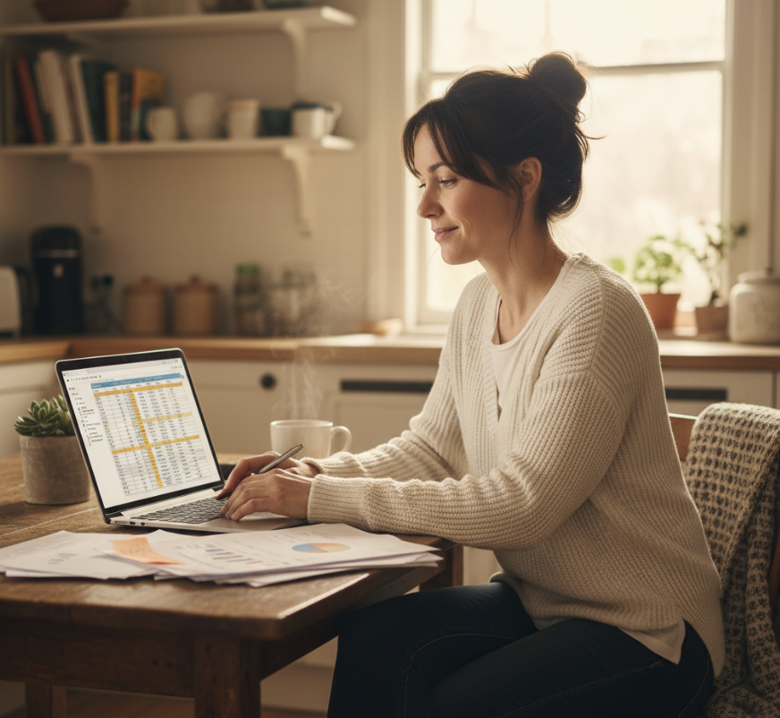 Independent pediatric therapist reviewing tax documents and finances at a home desk