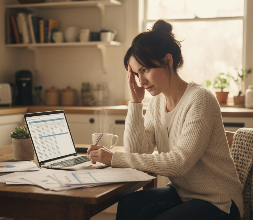 School-based speech language pathologist looking tired at desk with paperwork