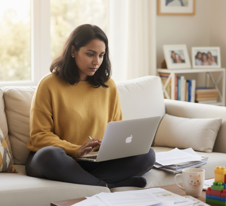 Pediatric therapist reviewing billing documentation on a laptop at home