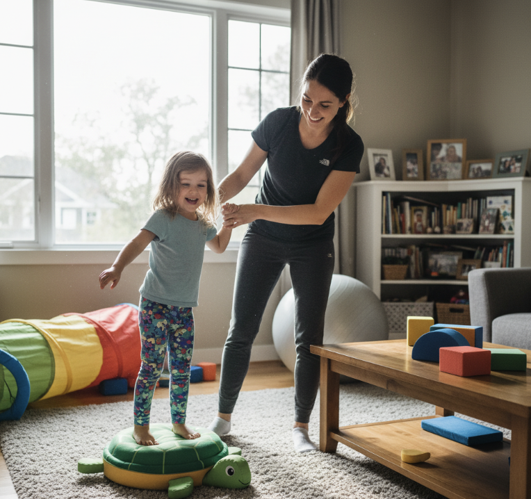 Pediatric therapist working with a child in a New Hampshire home