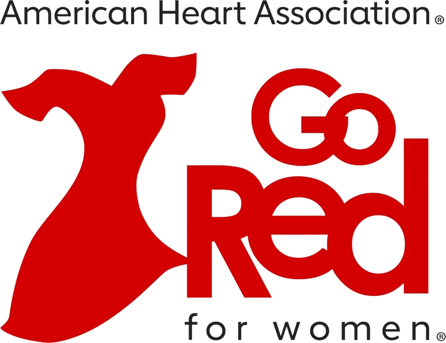 American Heart Association Go Red for Women logo featuring a red dress silhouette and red text.