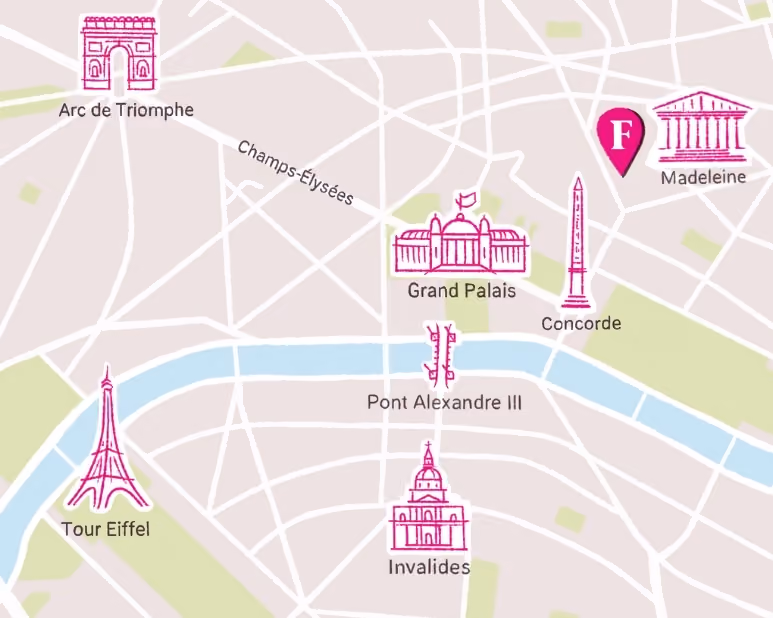 Illustration of Paris with iconic monuments and the location of the 5-star Fauchon hotel, near the Madeleine.