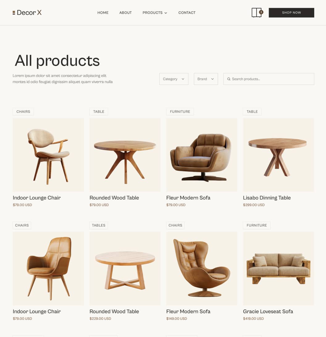 Decor X - All Products V3 Page - Online Ecommerce Webflow Template