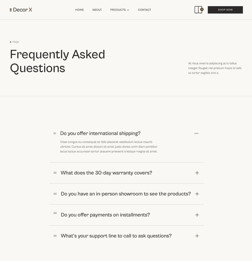 Decor X - FAQs Page - Online Ecommerce Webflow Template