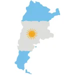 Map of Argentina filled with the country's flag design showing light blue and white vertical stripes with a yellow sun in the center.
